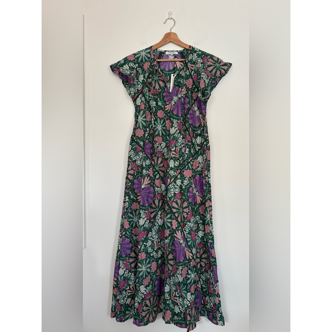 Olivaceous || Floral Maxi Dress Cotton Ladder Stitch Tie Green Purple M NWT