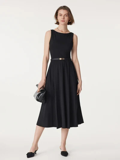 OGLmove Success Boatneck Midi Ponte Dress with Pockets Office Work Wear Black