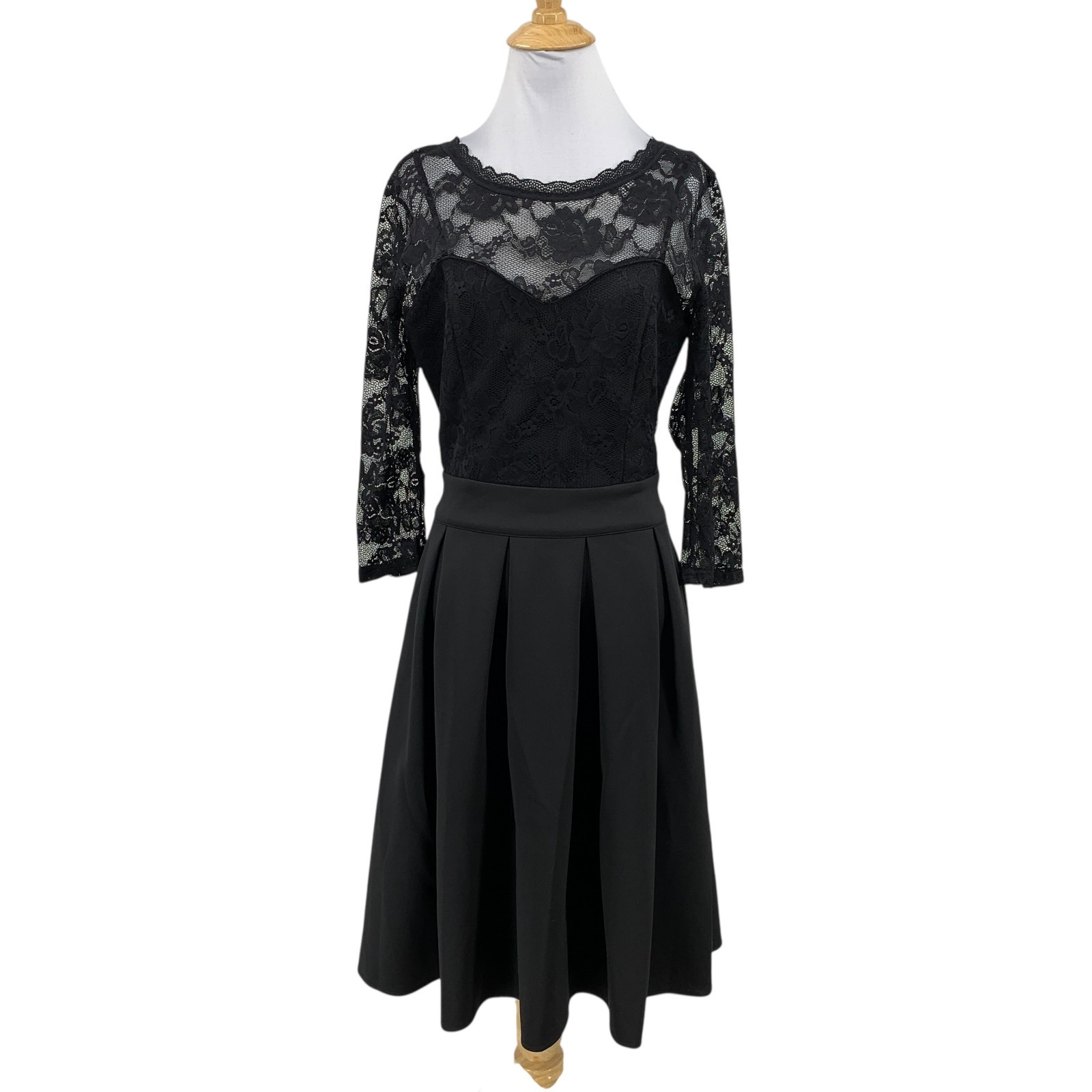 Miusol Dress Womens M Medium Black Lace Bracelet Sleeve A Line Pleated Skirt
