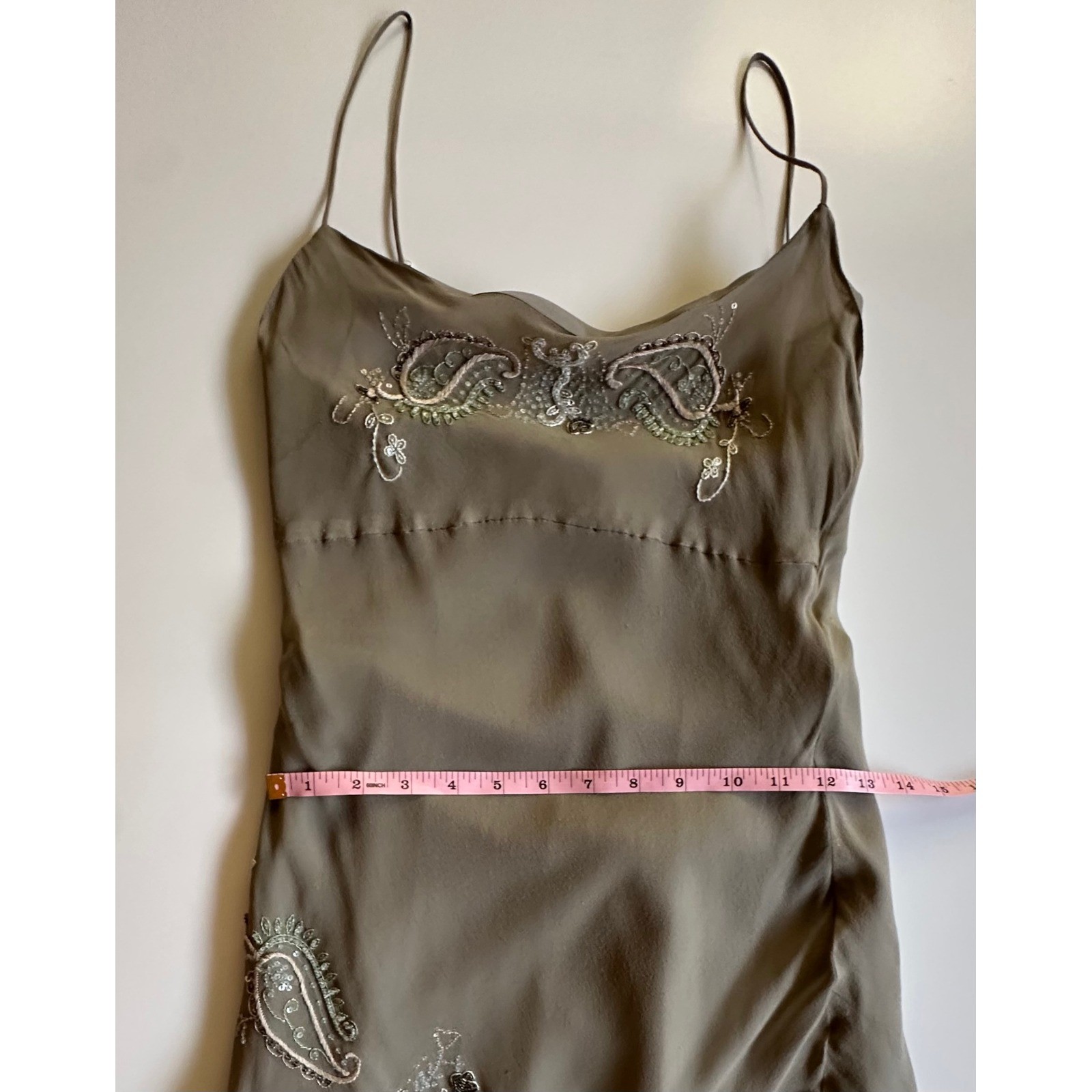 Y2K An’ge Intuition Silk Beaded Paisley Embroidery Slip Dress Sage Green Size XS