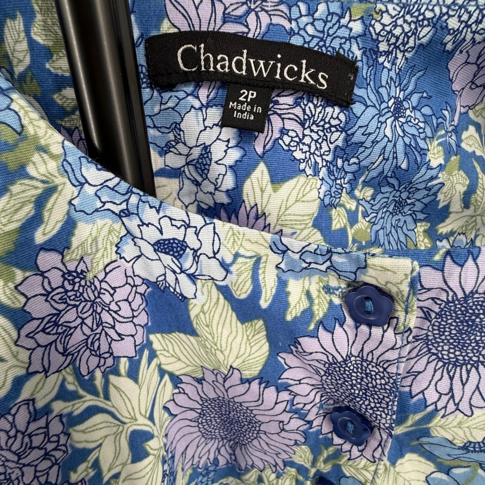 Chadwicks Blue Floral Cotton Blend Button Front Midi Dress 2P Petite Garden