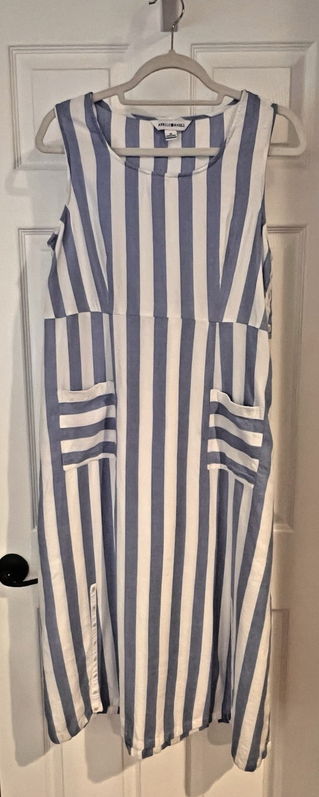 April Cornell Blue White Striped Sleeveless Dress Womens M Pockets Tie Back