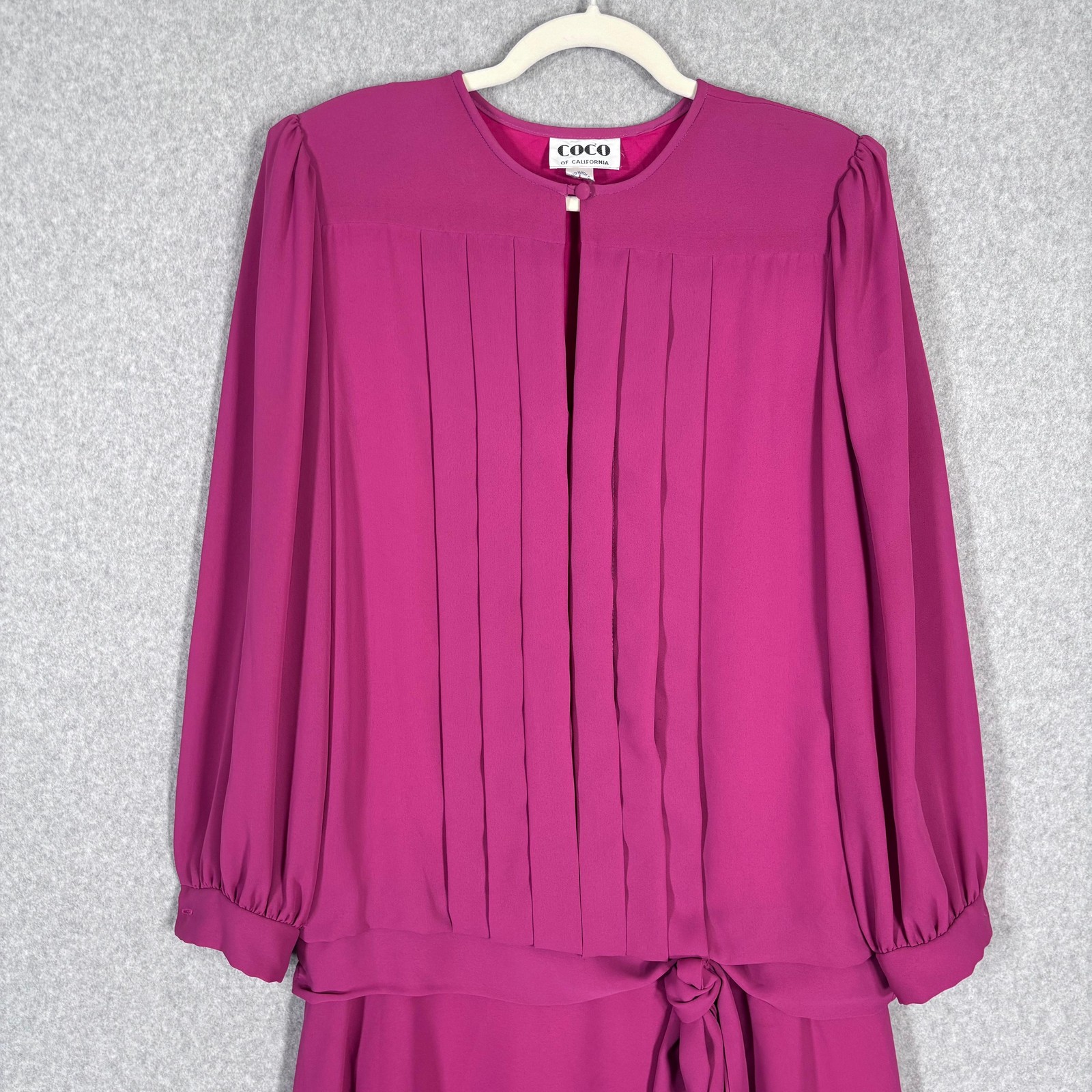 Vintage 80s Coco California Dress Medium Midi Pleated Drop Waist Bow Fuchsia USA