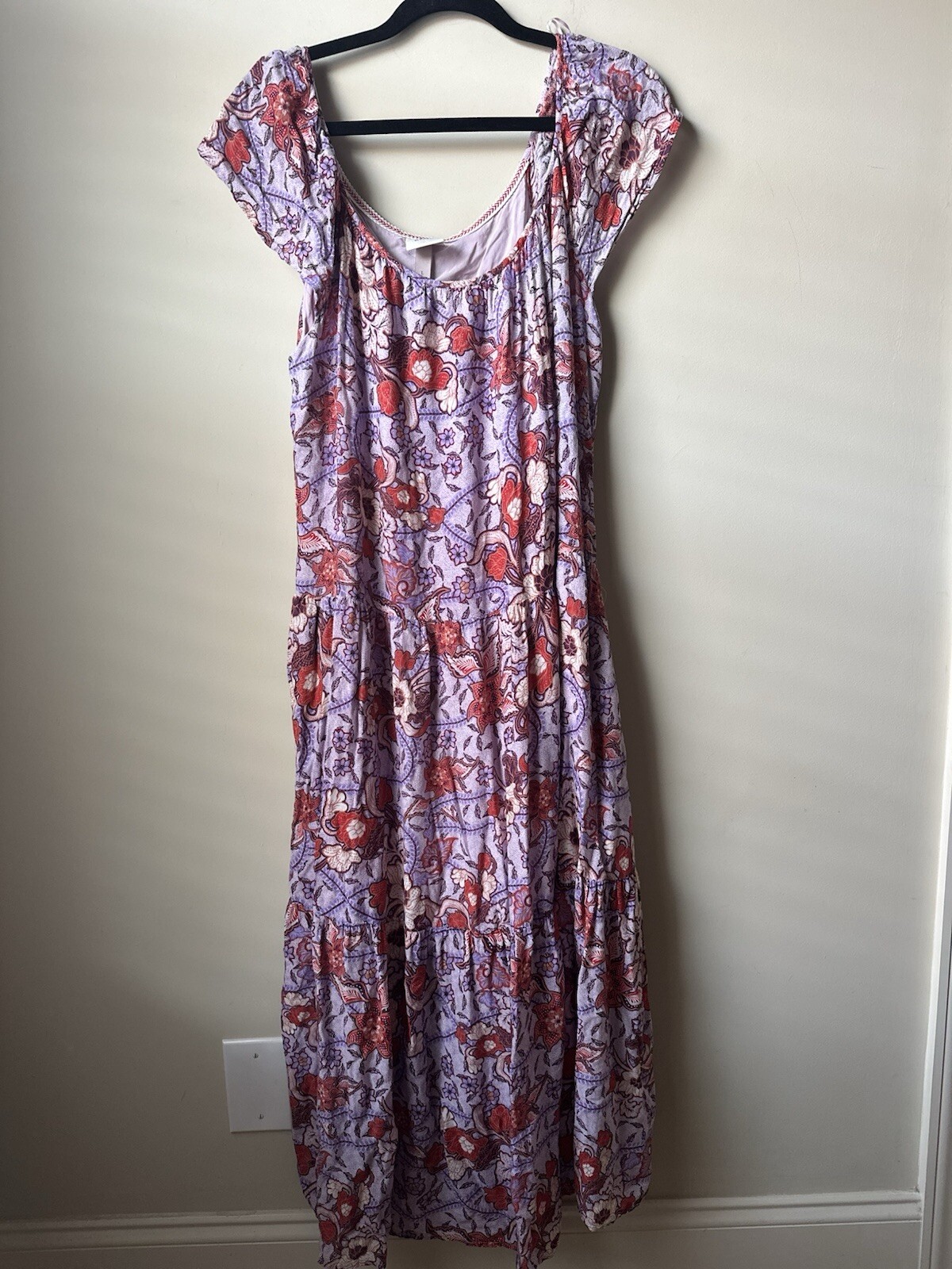 Knox Rose Women’s Dress Large Purple Red Floral Ruffle Off Shoulder Midi Lined