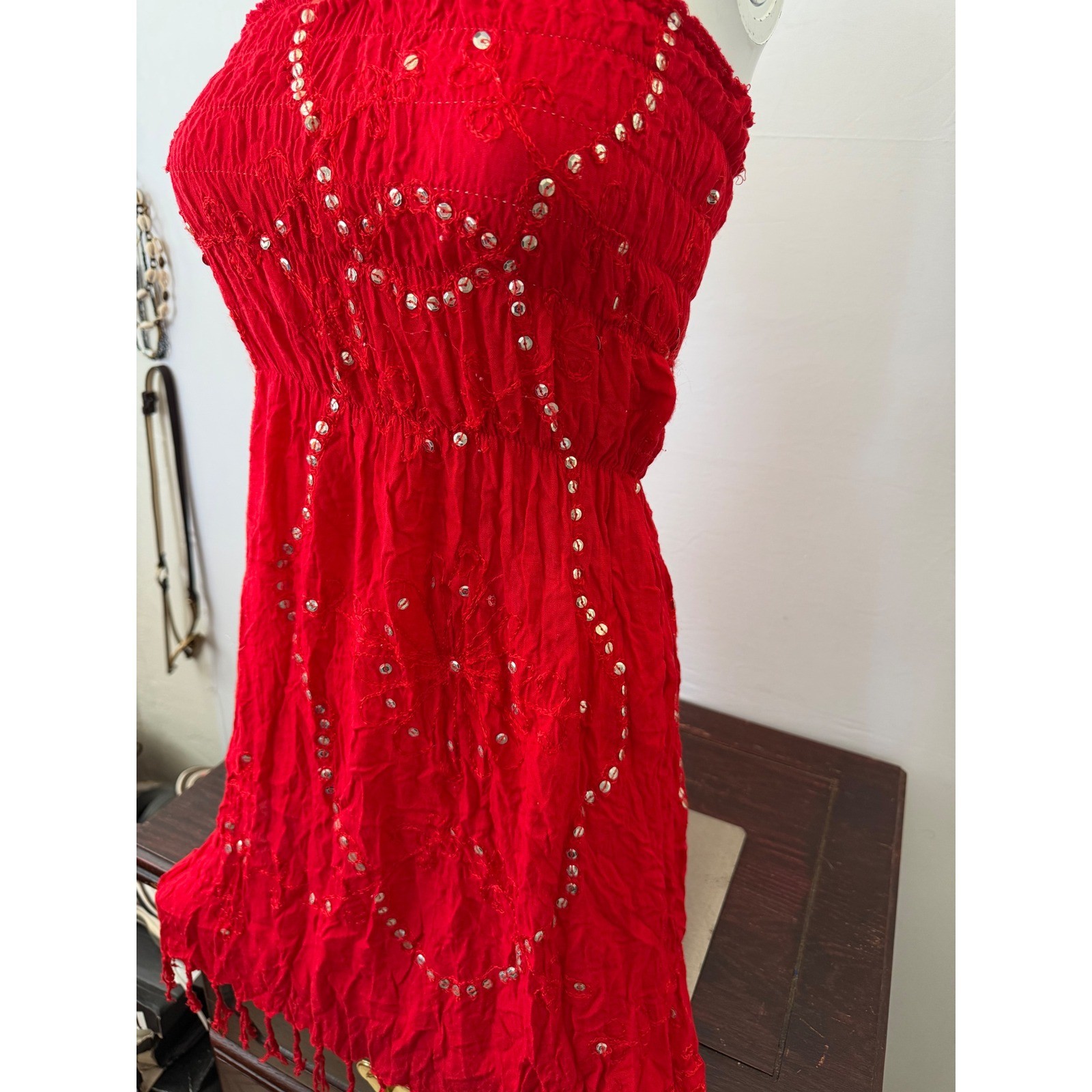Halter Mini Dress Y2K Sequin Embroidered Fringe Red Small-Medium