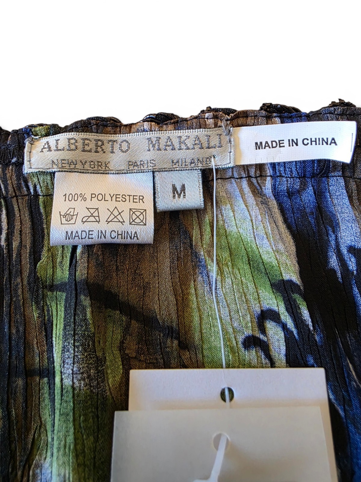 NWT Alberto Makali Pleated Midi Dress M Blue Green Abstract Beaded Velvet Trim