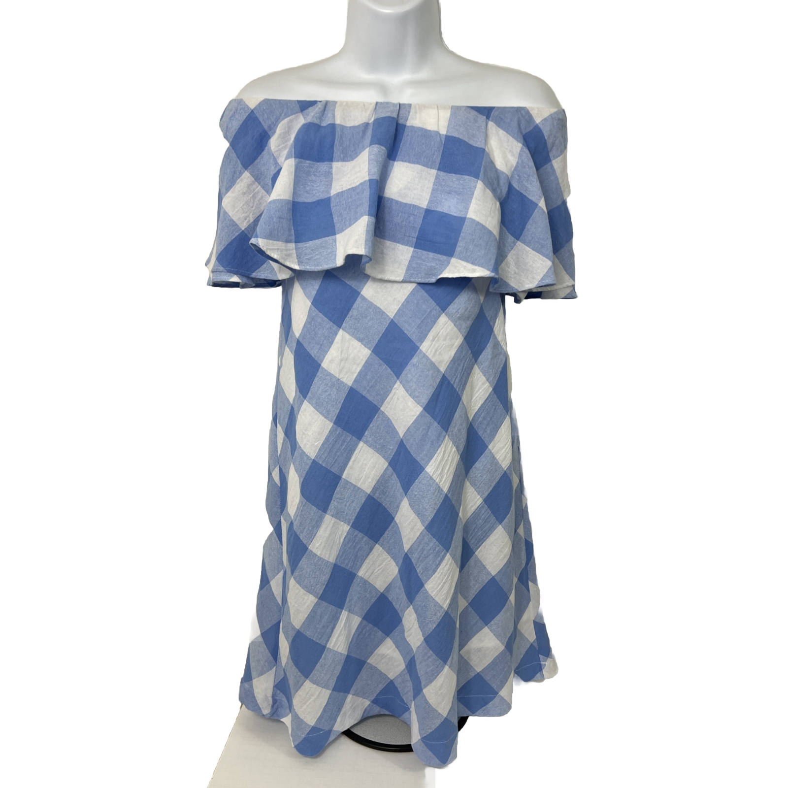 Sugar + Lips Dress Women’s Medium Off Shoulder Blue Check Above Knee Mini Shift