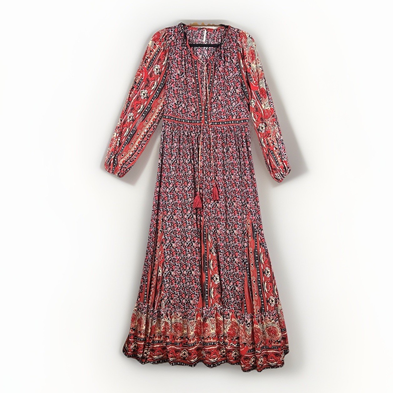 Free People Happy Feelings Maxi Dress Sz M Floral Boho Tassel Festival