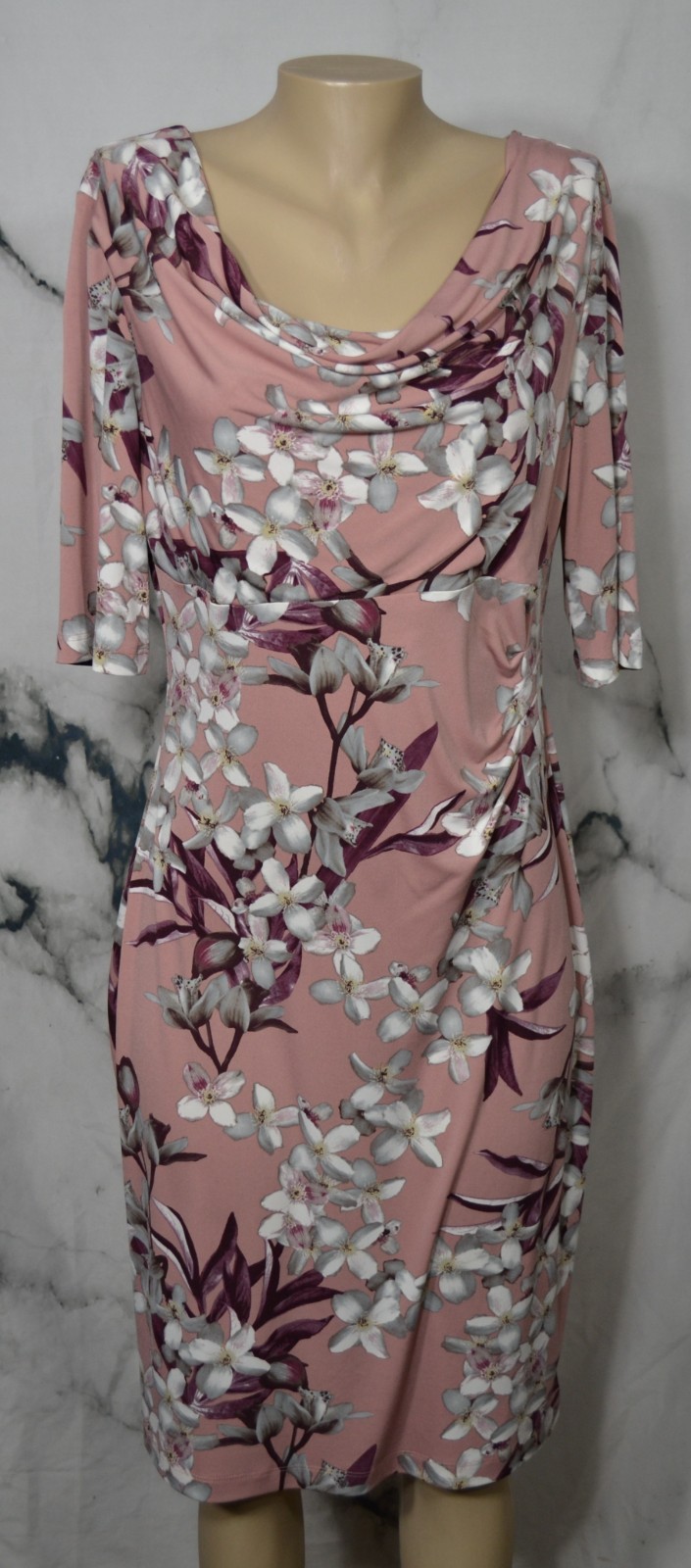 CONNECTED APPAREL Brownish Pink Multicolor Floral Dress 15 Draped Neckline