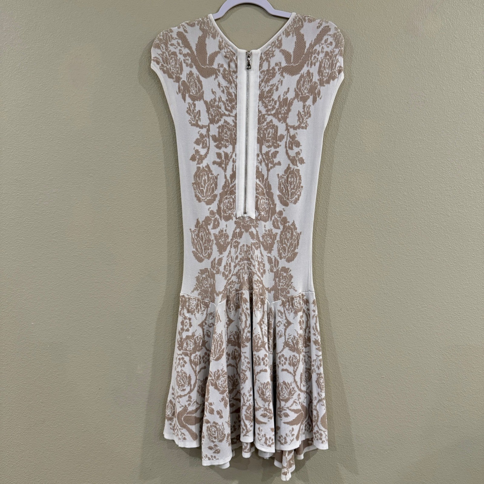 Torn by Ronny Kobo Patricia Dove Swing Dress L Tan Floral Jacquard Ladylike