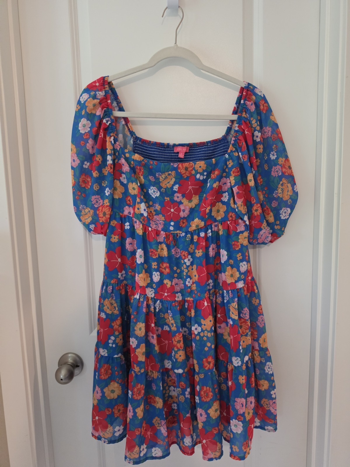 Flying Tomato Floral Mini Dress Puff Sleeve Square Neck Tiered Blue L