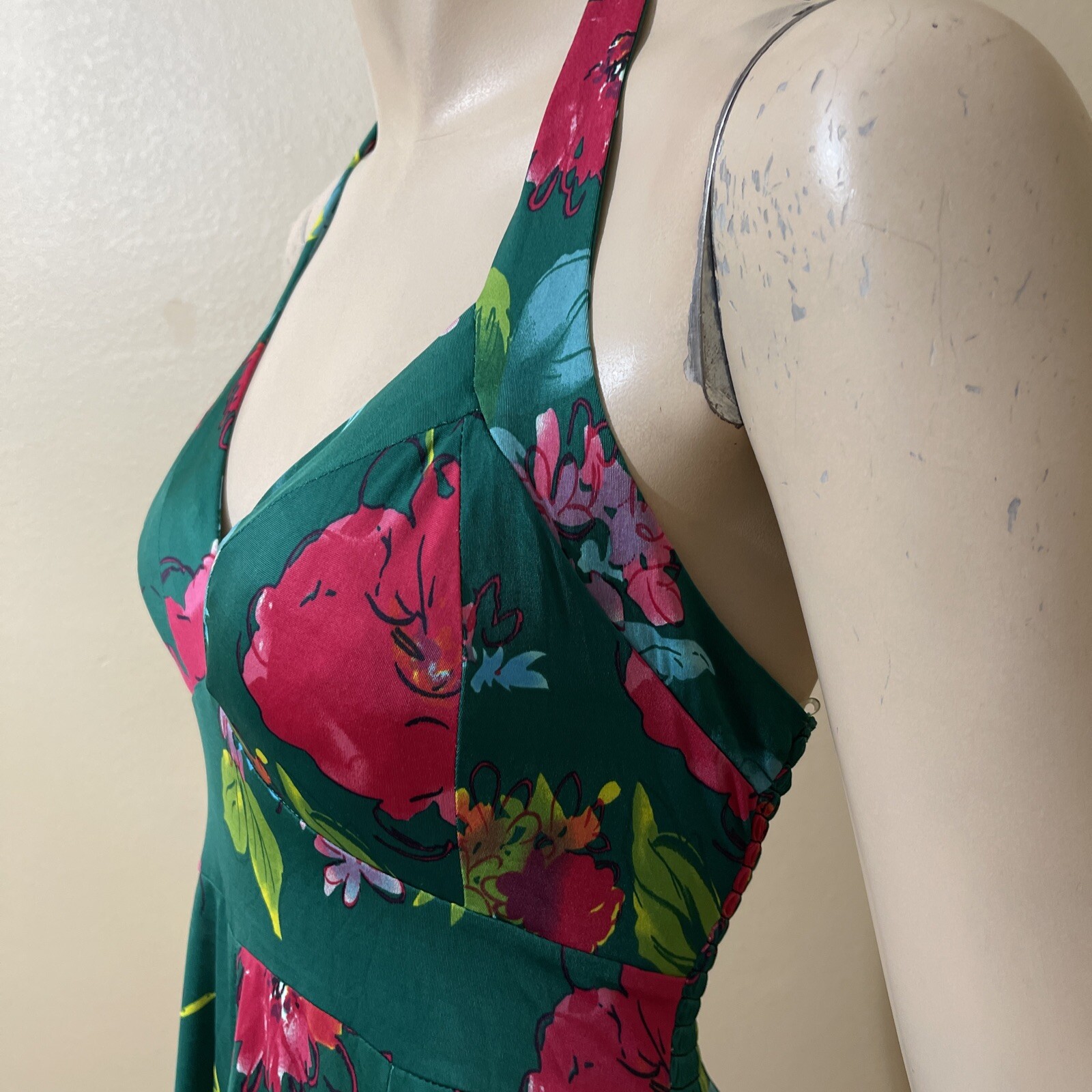 Women’s Green Floral Bright Polyester Casual Stretch Open Tie Size L Sundress