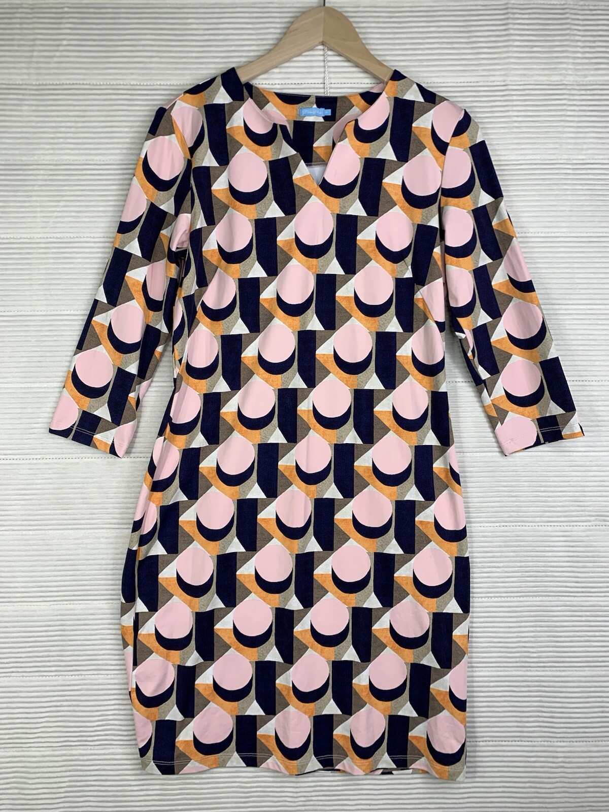 J. McLaughlin Carly Catalina Cloth Dress 3/4 Sleeve Notch Neck Geometric Size M