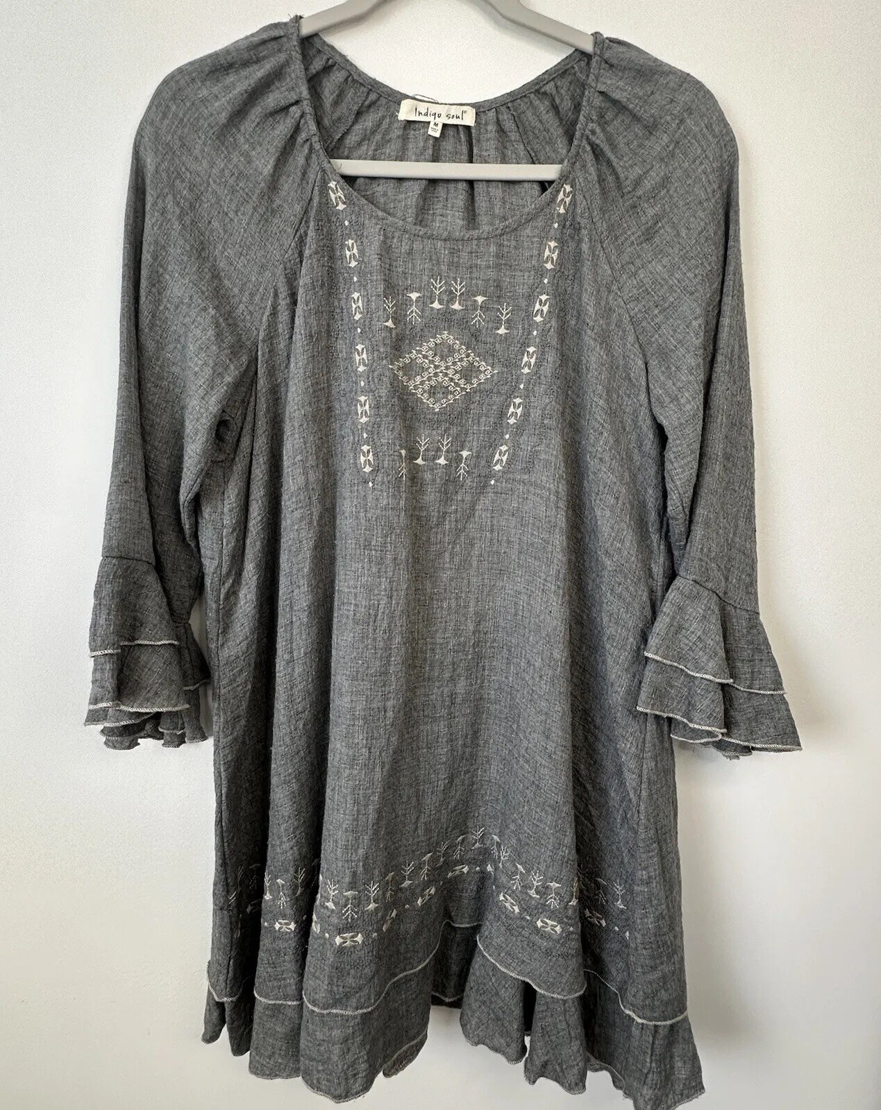 Indigo Soul Tunic Dress Gray Embroidered Boho Indie Knee Length Women Sz Medium