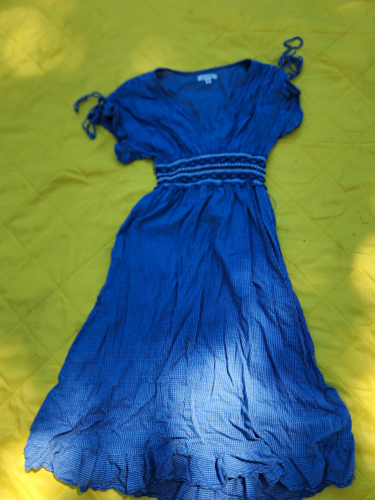 Max Studio Blue Gingham Strapless Smocked Ruffle Sundress Knee Length XS