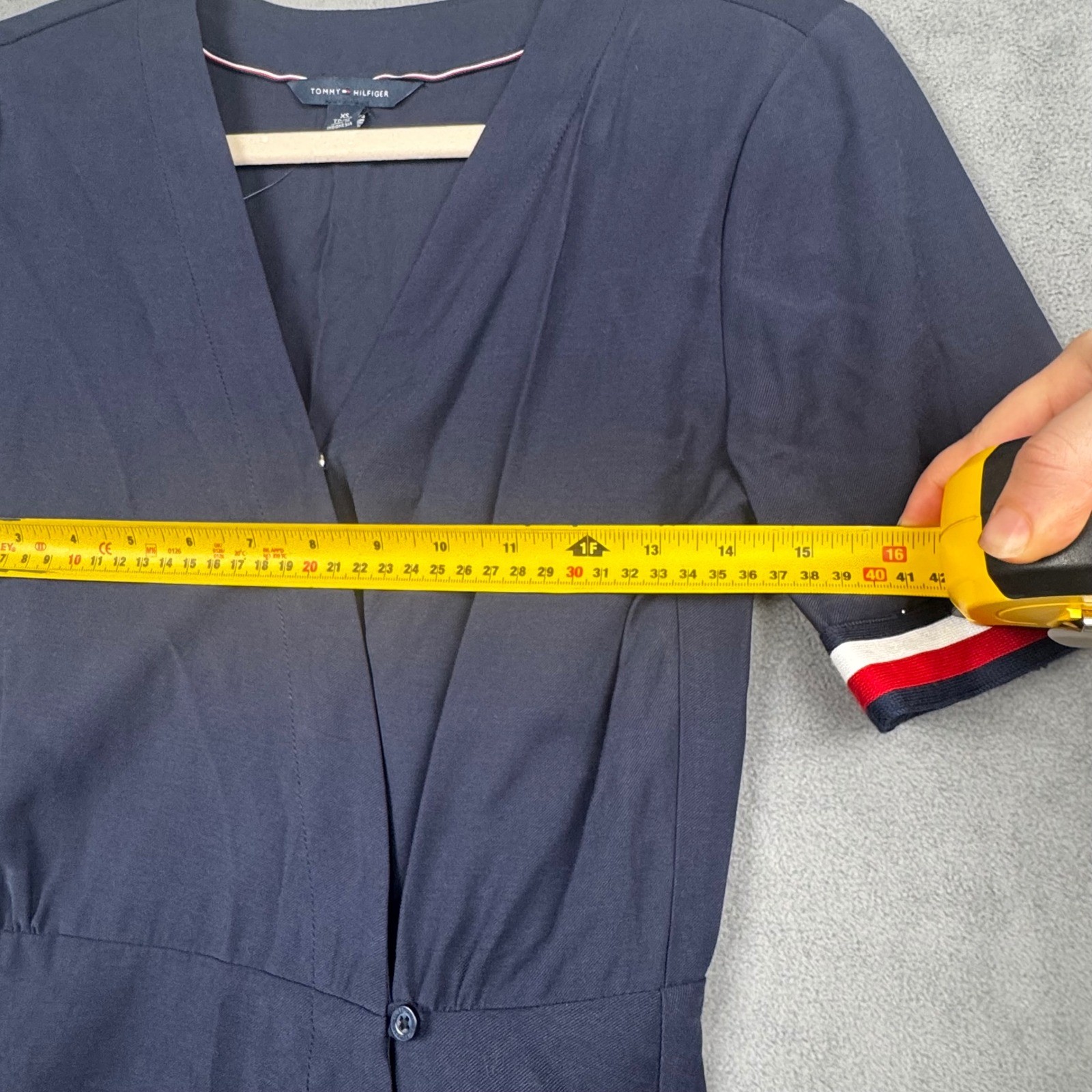 Tommy Hilfiger Navy Blue Faux Wrap Midi Dress Red White Stripe Cuffs XS