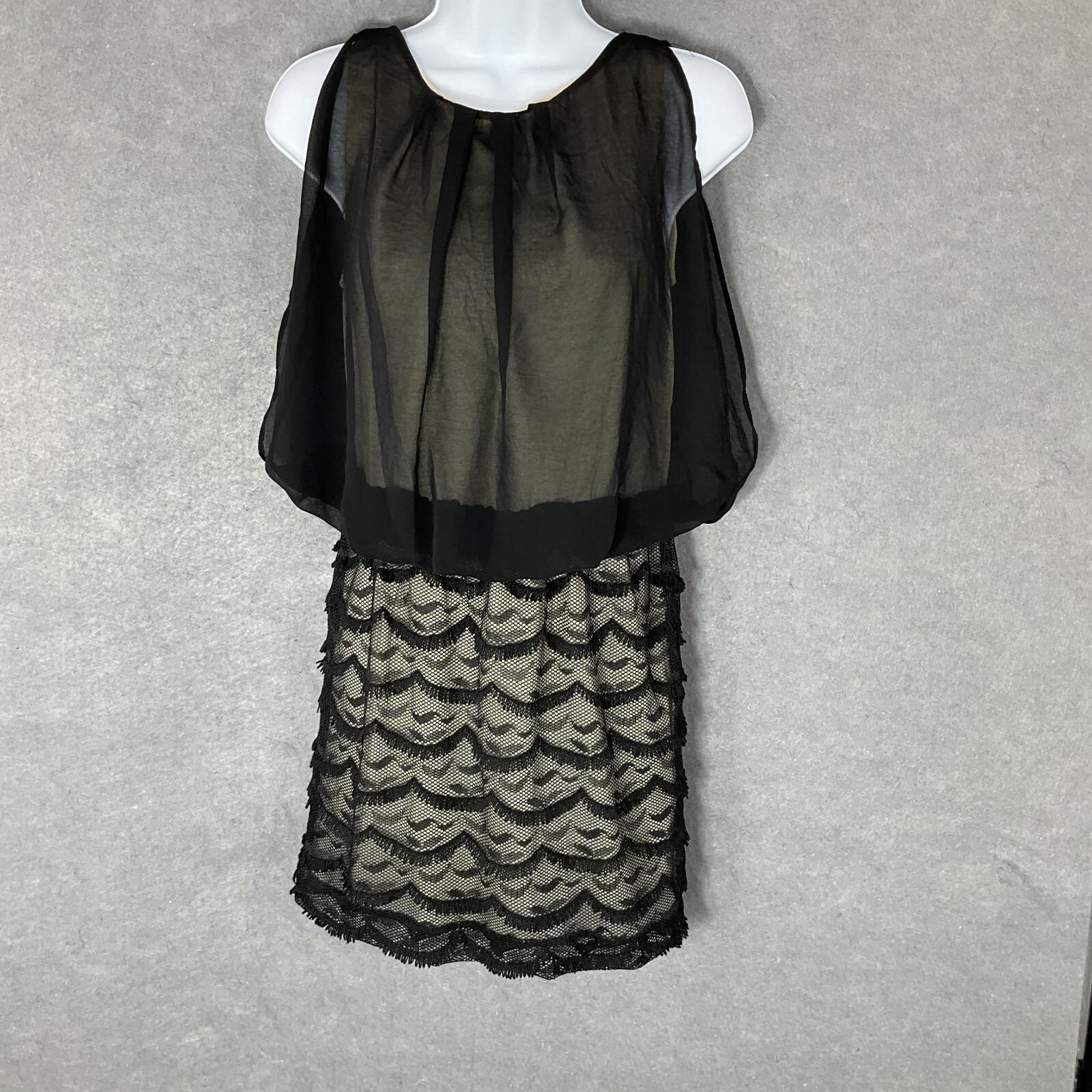 Umgee Blouson Dress Womens Sz M Black Sheer Chiffon Lace Sleeveless Keyhole Back