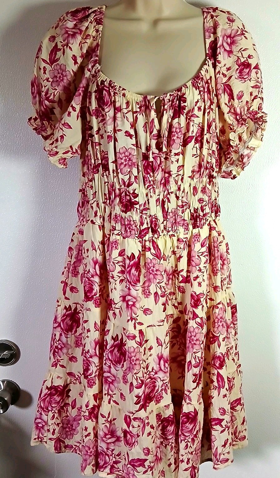 Ivory Pink Romantic Fairy Garden Party Fit & Flare Puff Sleeve Dress