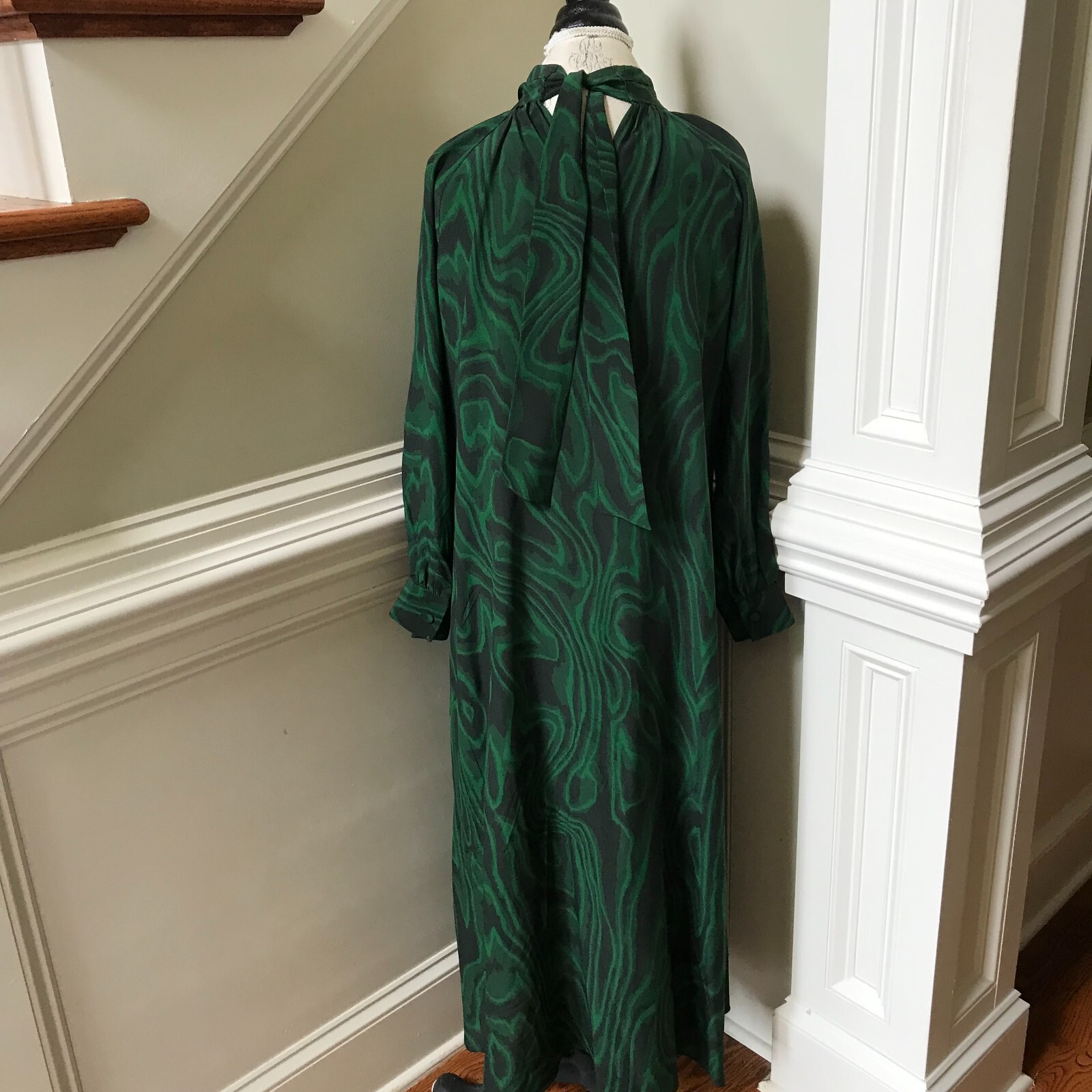 WHiT Anslem Shift Midi Dress Womens P XS Emerald Green Black Long Sleeve Silk