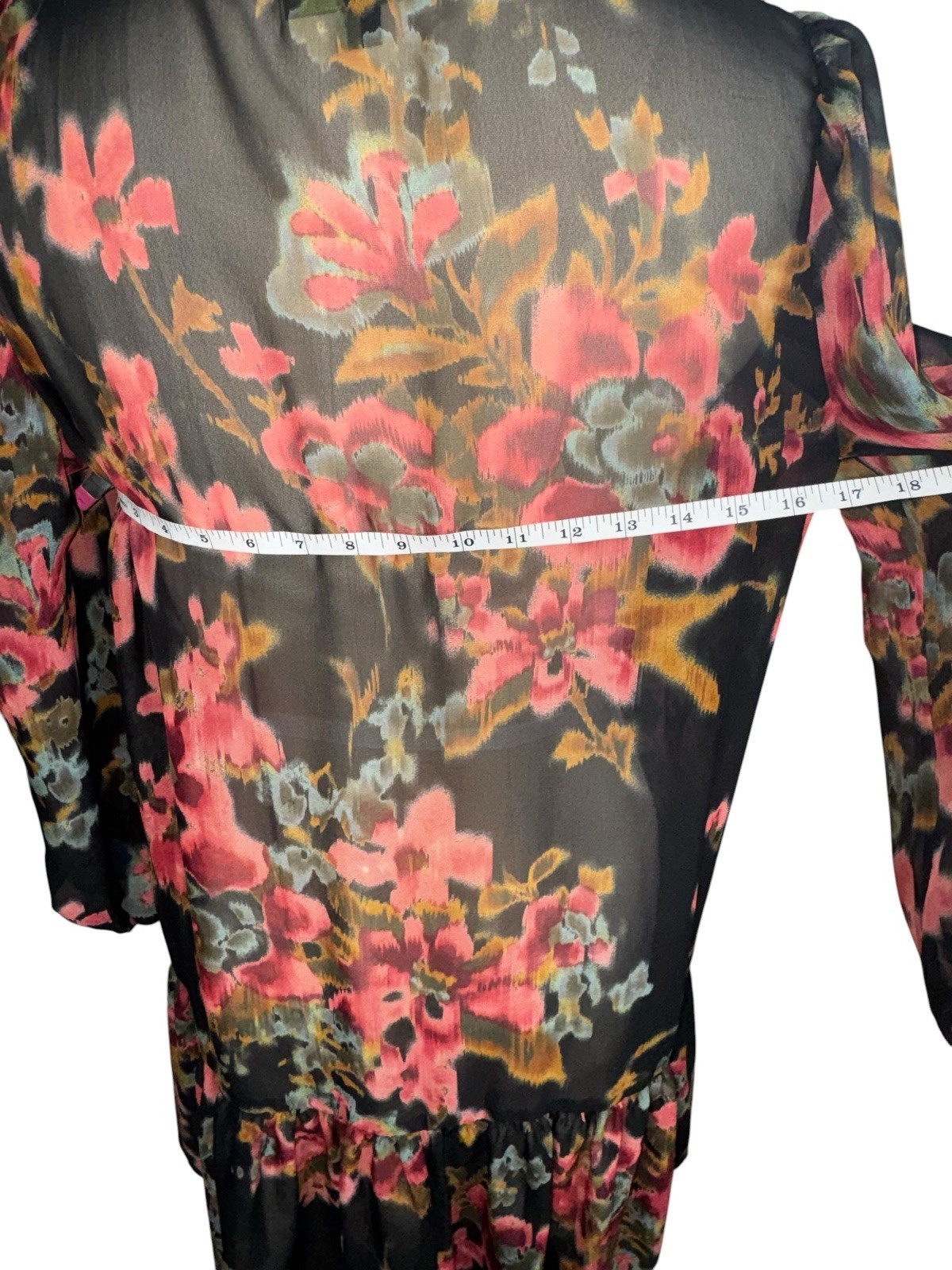 Maia Womens Size 14 Sheer Floral Chiffon Shirt Dress Button Front Ruffle Hem
