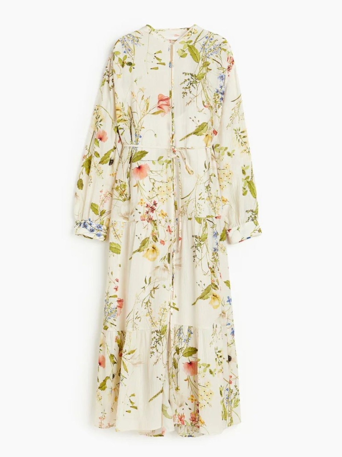 H&M Floral Button-Front Maxi Dress in Cream with Botanical Print