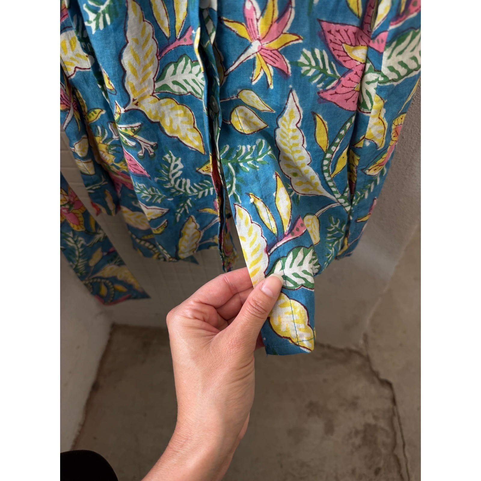 Fitzroy & Willa Blue Tropical Floral Cotton Shirt Dress XS Belted Short Sleeve