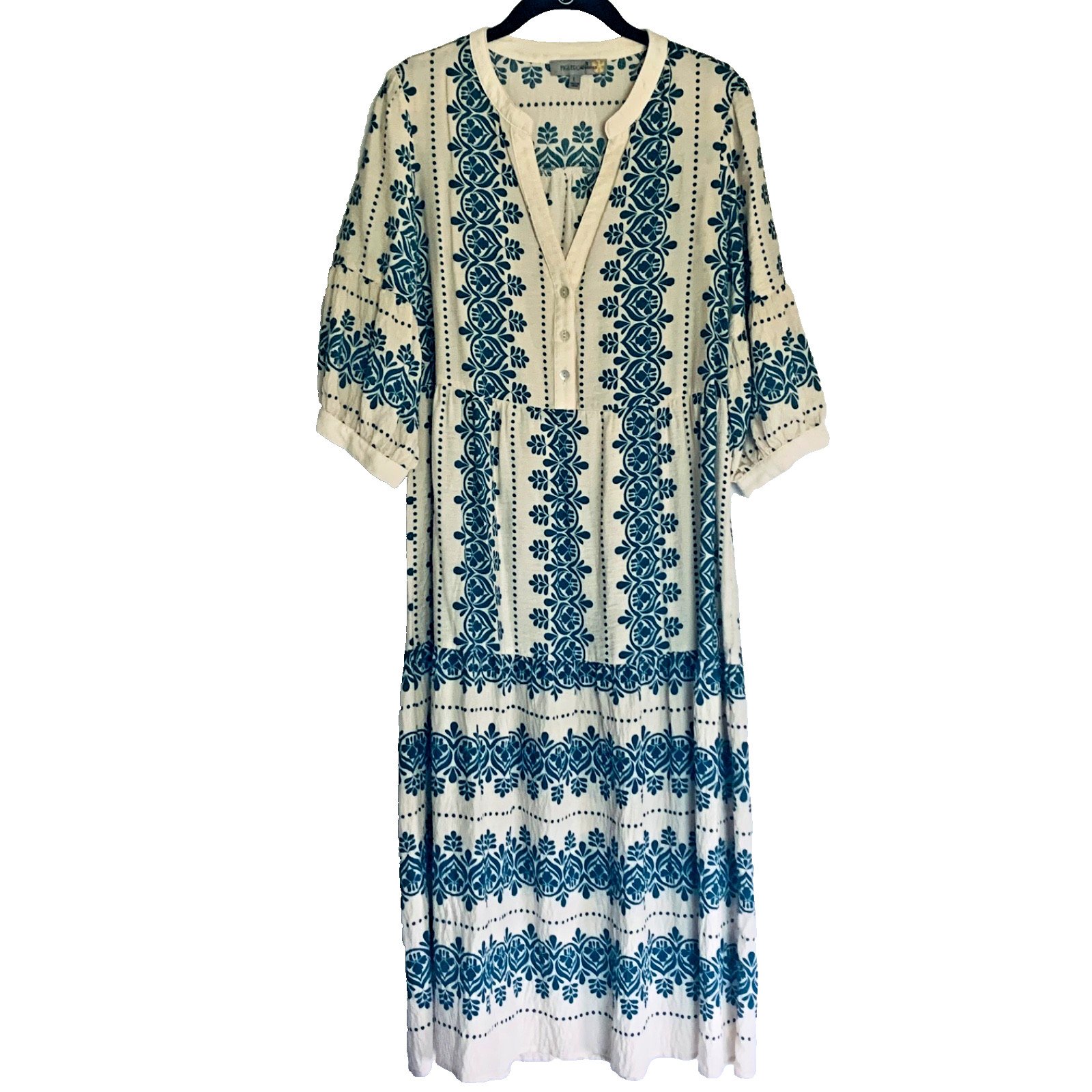 Figueroa & Flowers Dress Size Large Tiered 3/4 Sleeves Boho Teal Blue and Ivory