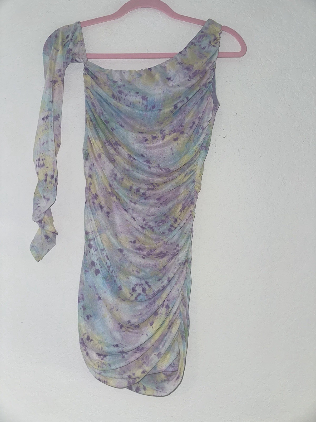 Lucy In The Sky Small Multi-Color Pastel Ethereal Mesh One Shoulder Mini Dress