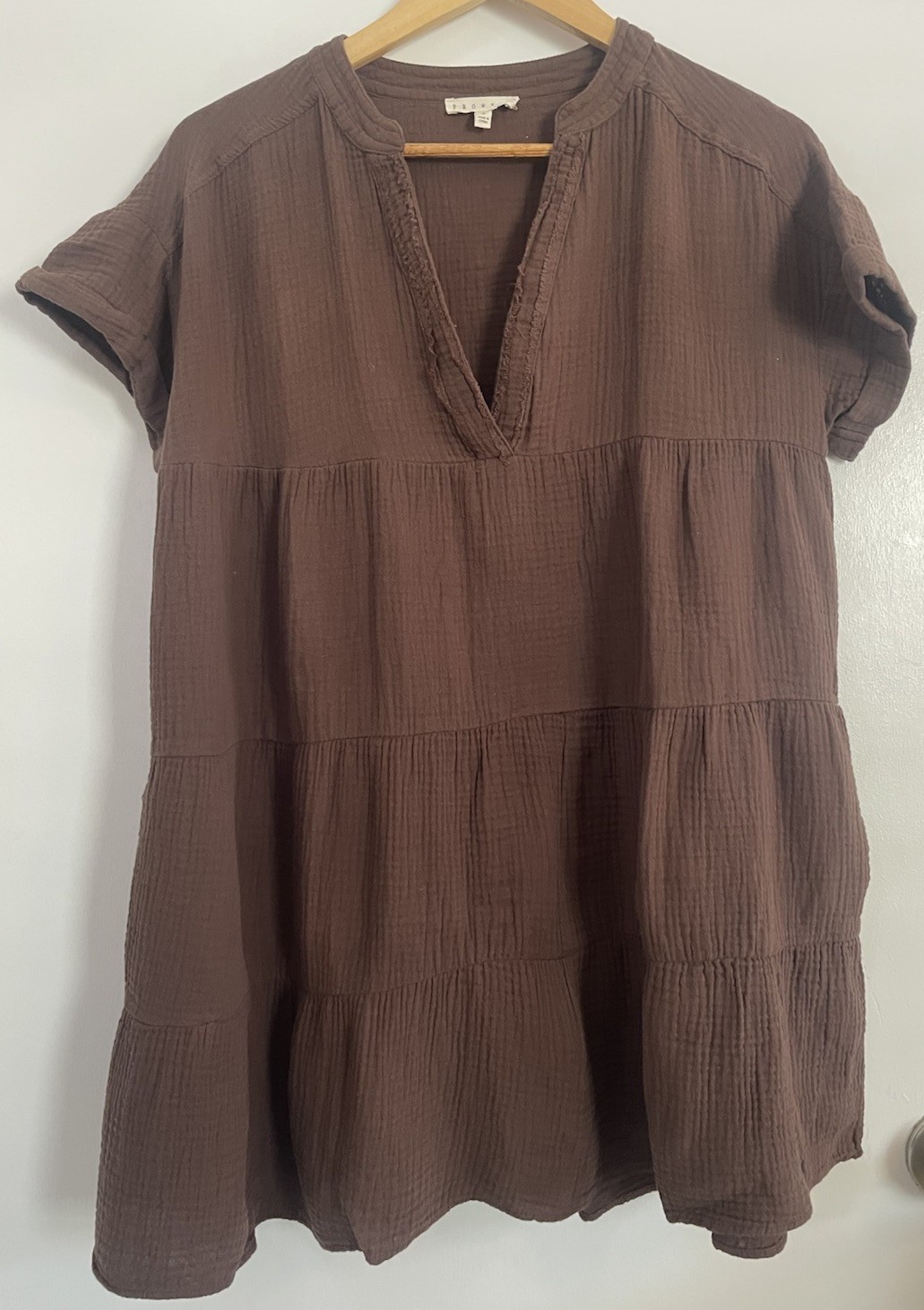 Promesa Mini Dress Crinkle Cotton Brown Women Small Pockets Short Sleeve