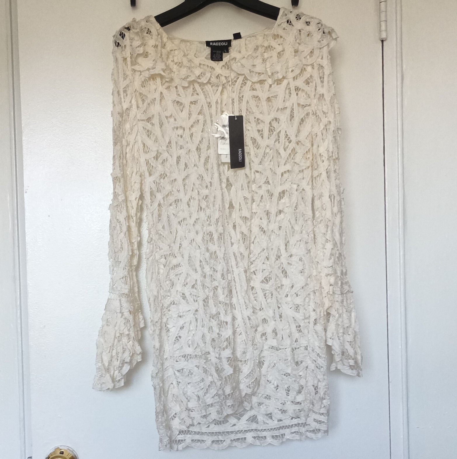 Radzoli Women’s Ivory Lace Sheer Long Sleeve Coat L