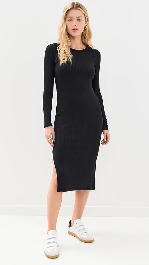 Beyond Yoga Contours Dress M Black Ribbed Modal Midi Long Sleeve USA EUC