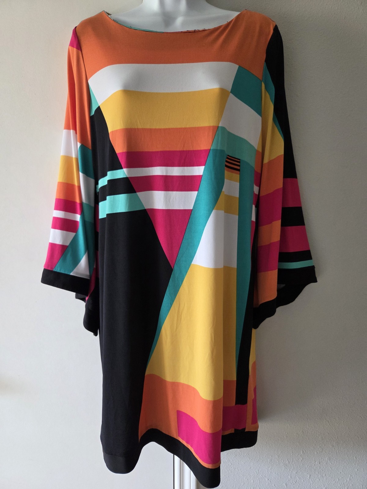 Y2K Emma & Michele Multicolor Geometric Jersey Shift Dress | M | Boat Neck 3/4