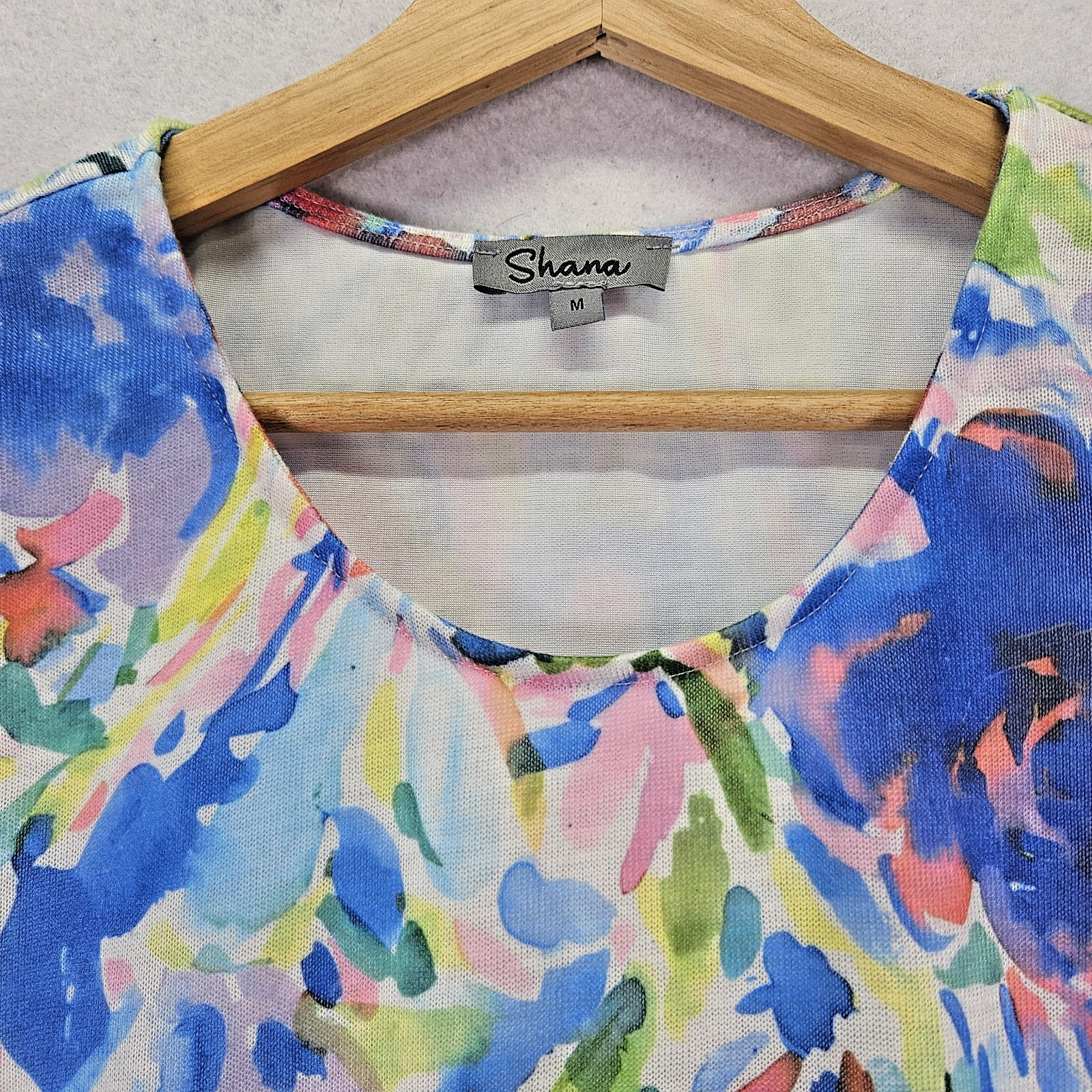 Shana Shift Dress Womens Medium Multicolor Floral Art To Wear 3/4 Sleeve Pockets