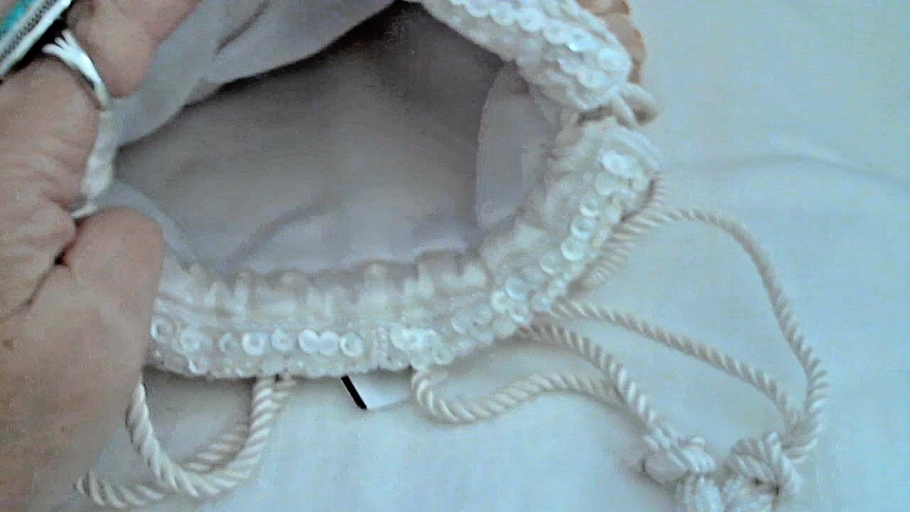 Cascading Sequin Bag Beige White Flaps Draw Cord 8.5″ x 8″ Lined In Satin