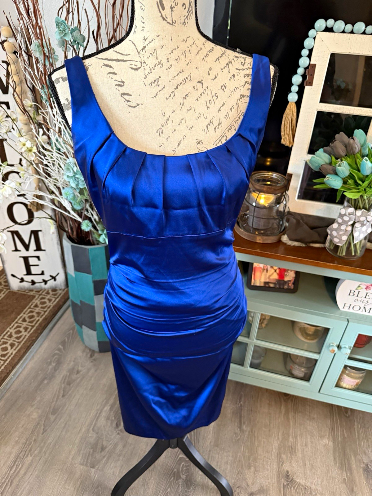 Suzi Chin Blue Satin Sheath Dress Square Neck Ruched Sleeveless Sz 10