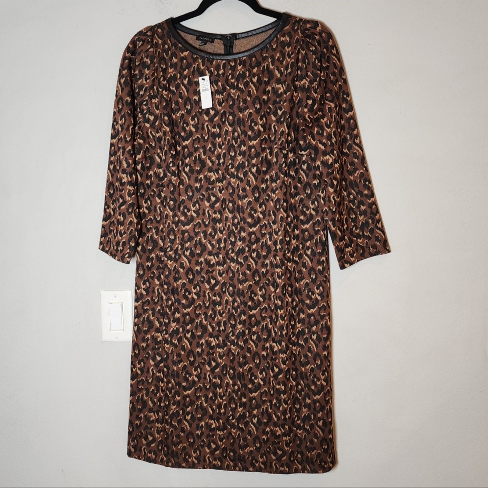 NWT Talbots Ponte Faux Leather Trim A-Line Sheath Dress Fall Leopard Size 10