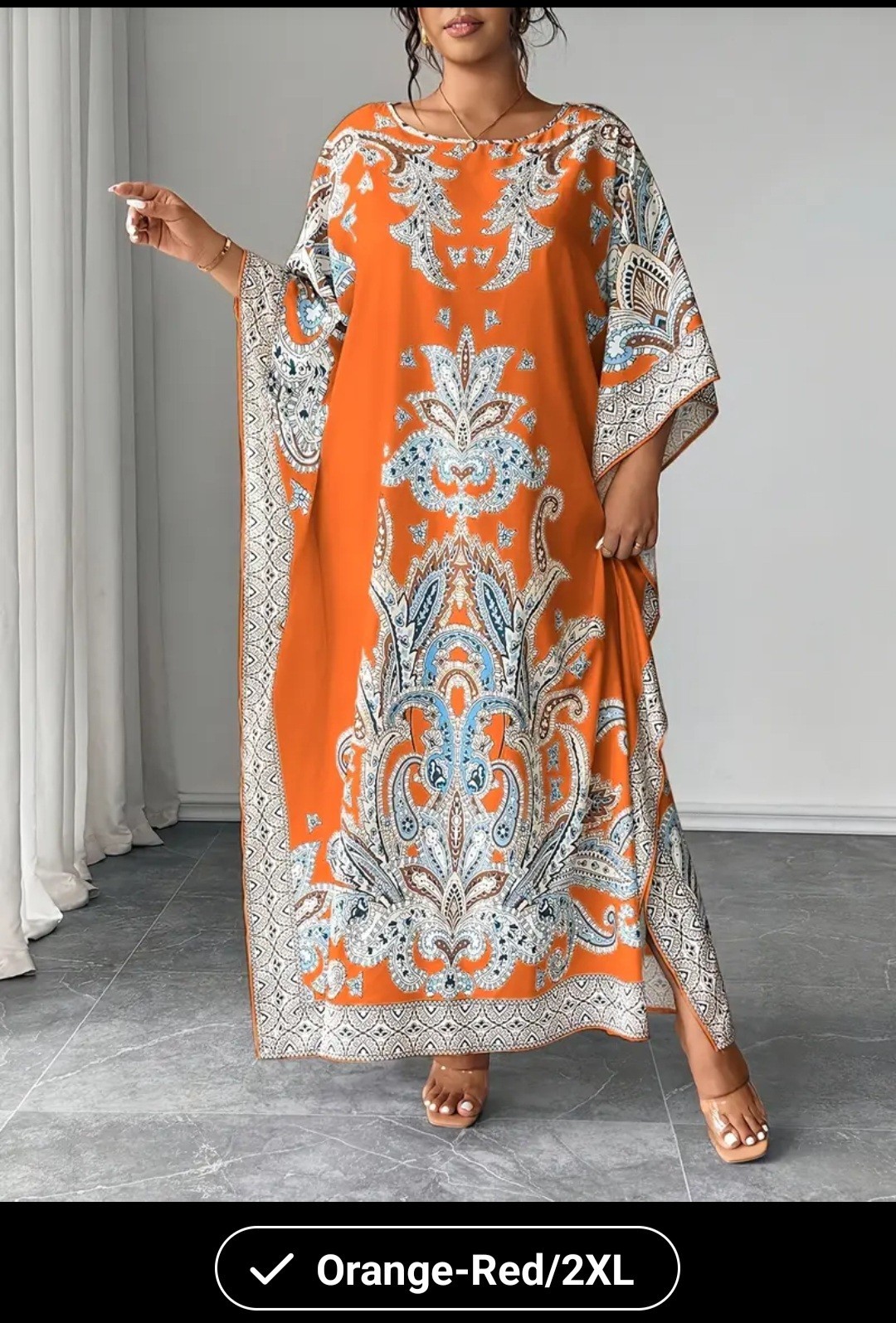 Orange White Blue Paisley Long Kaftan Dress Kimono Sleeve Round Neck 2XL