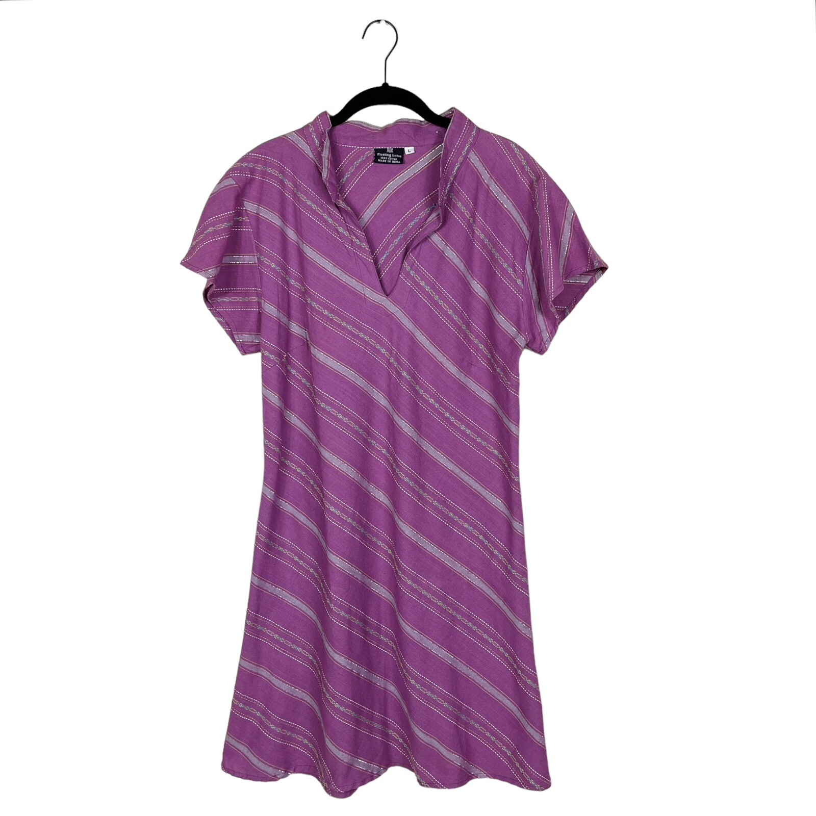 Floating Lotus Dress Women’s L Purple Striped Split Neck Cap Short Sleeve Summer