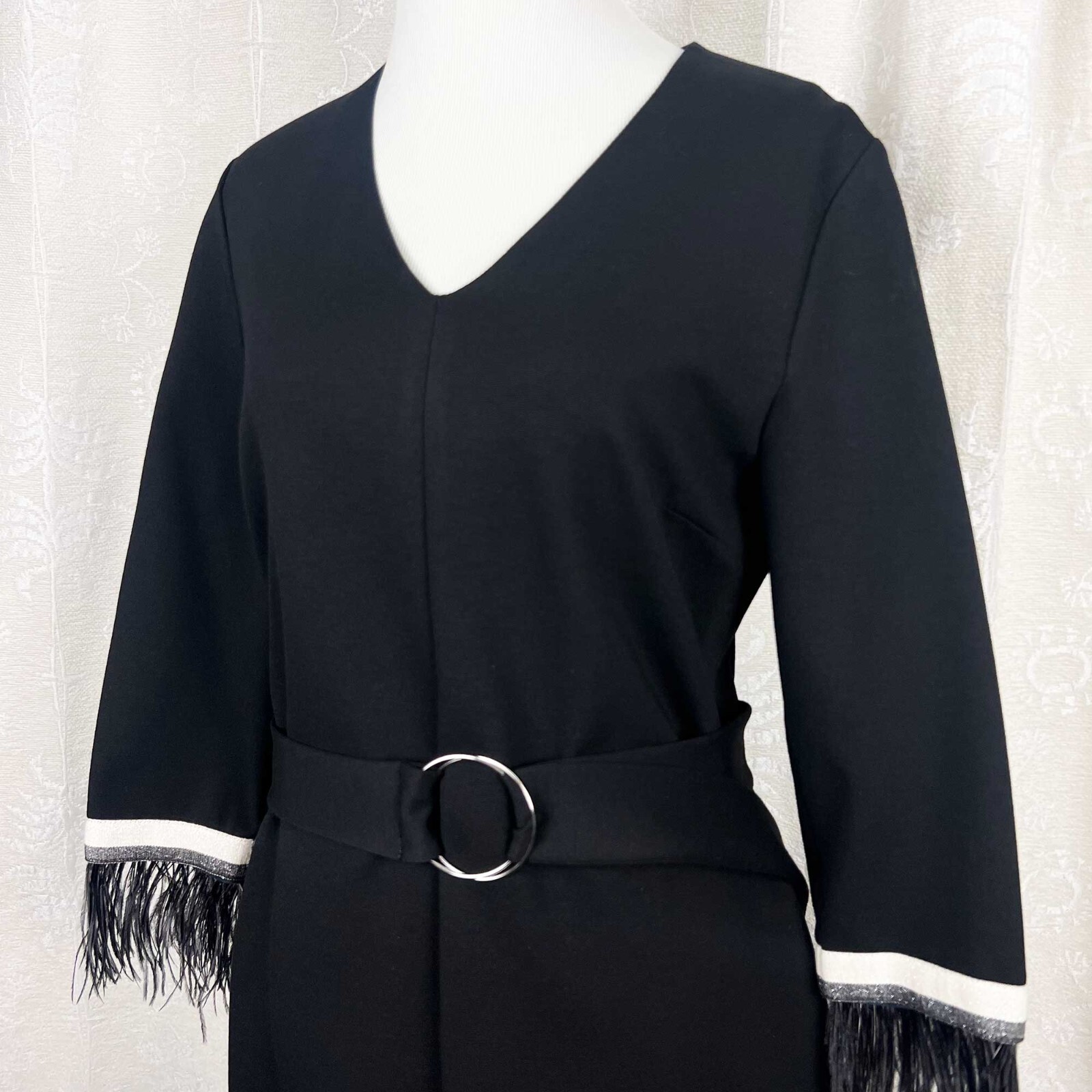 Vilagallo ostrich feather removable cuff ponte dress stretch jersey d-ring belt