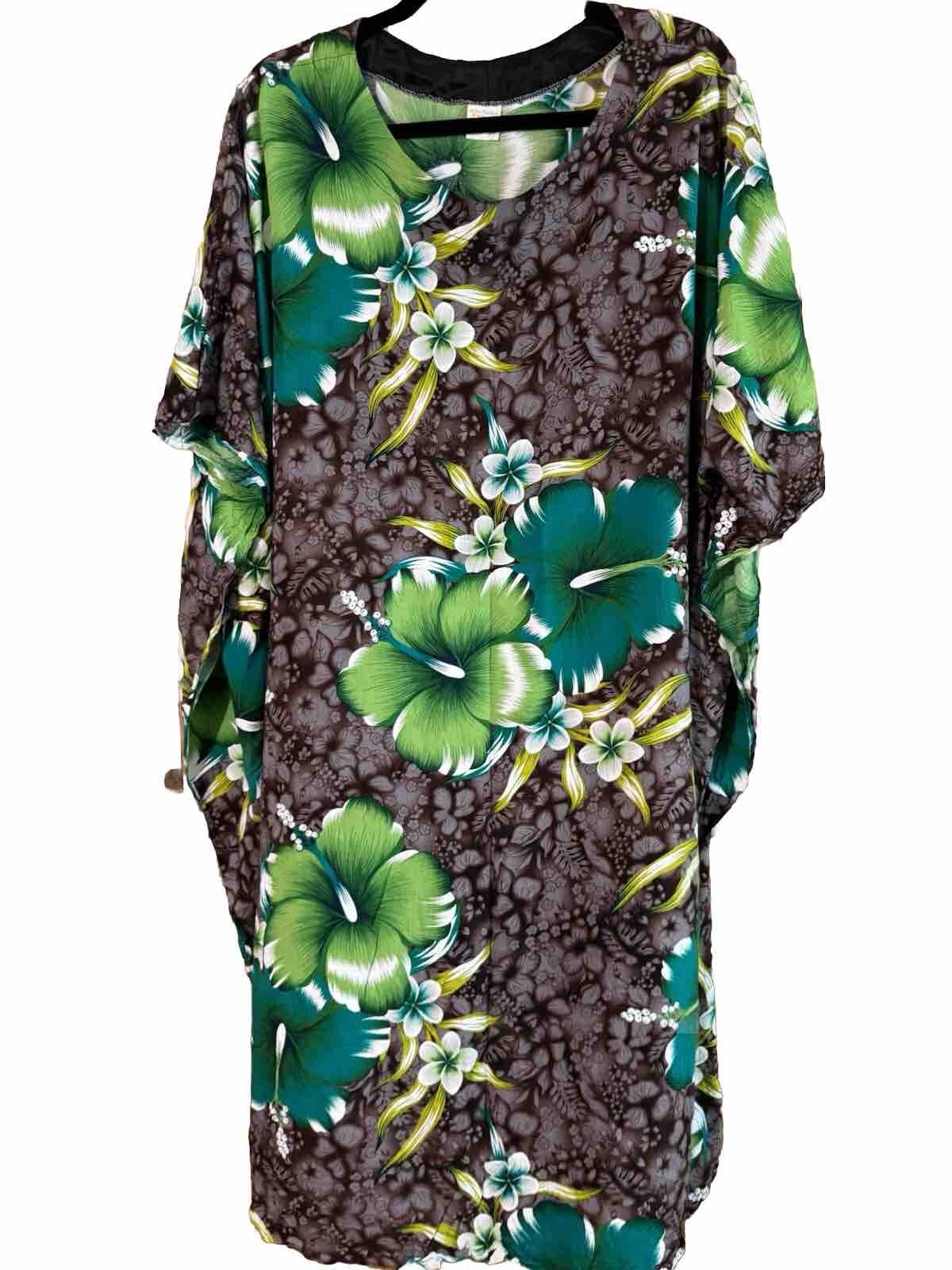 Aloha Fashion O/S Beach Coverup Dress Green Hibiscus Total Bust 66 Oversized