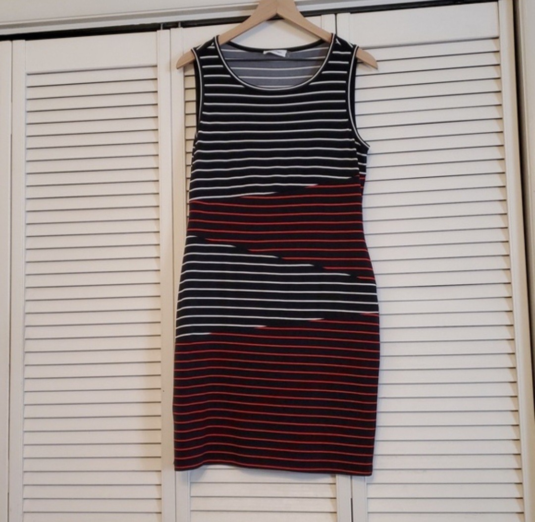 Calvin Klein Mixed Stripe Sleeveless Tank Dress Black Red White Stretchy Sz 10