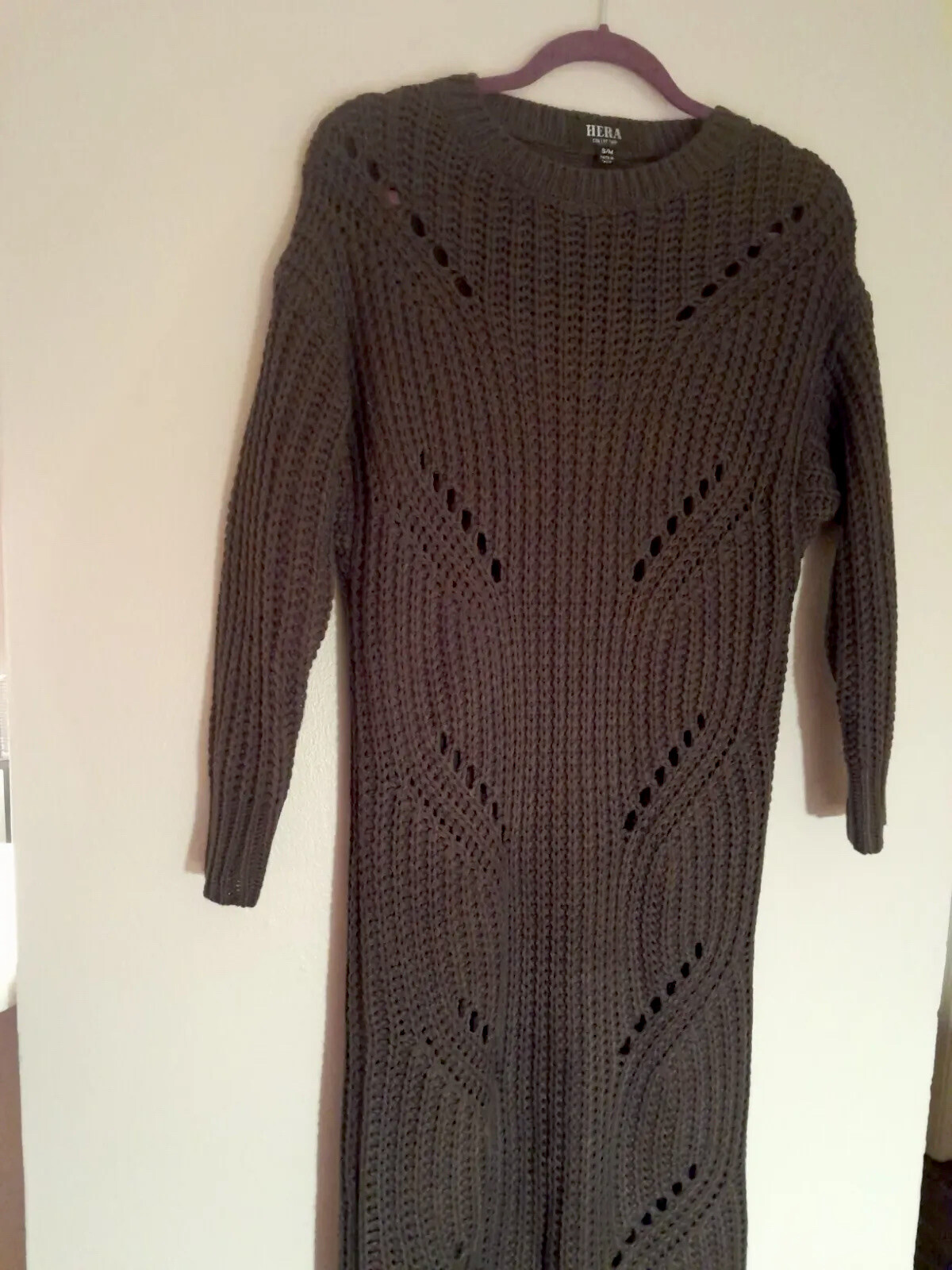 NWT Hera Collection Long Sleeve Chunky Knit Shredded Sweater Dress S/M Green