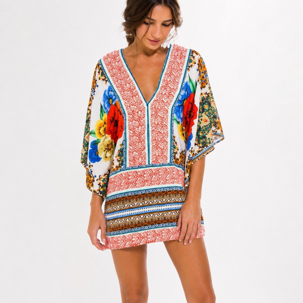 Farm Rio Partina Floral Festival Mini Dress Kaftan Tunic Small Brazil