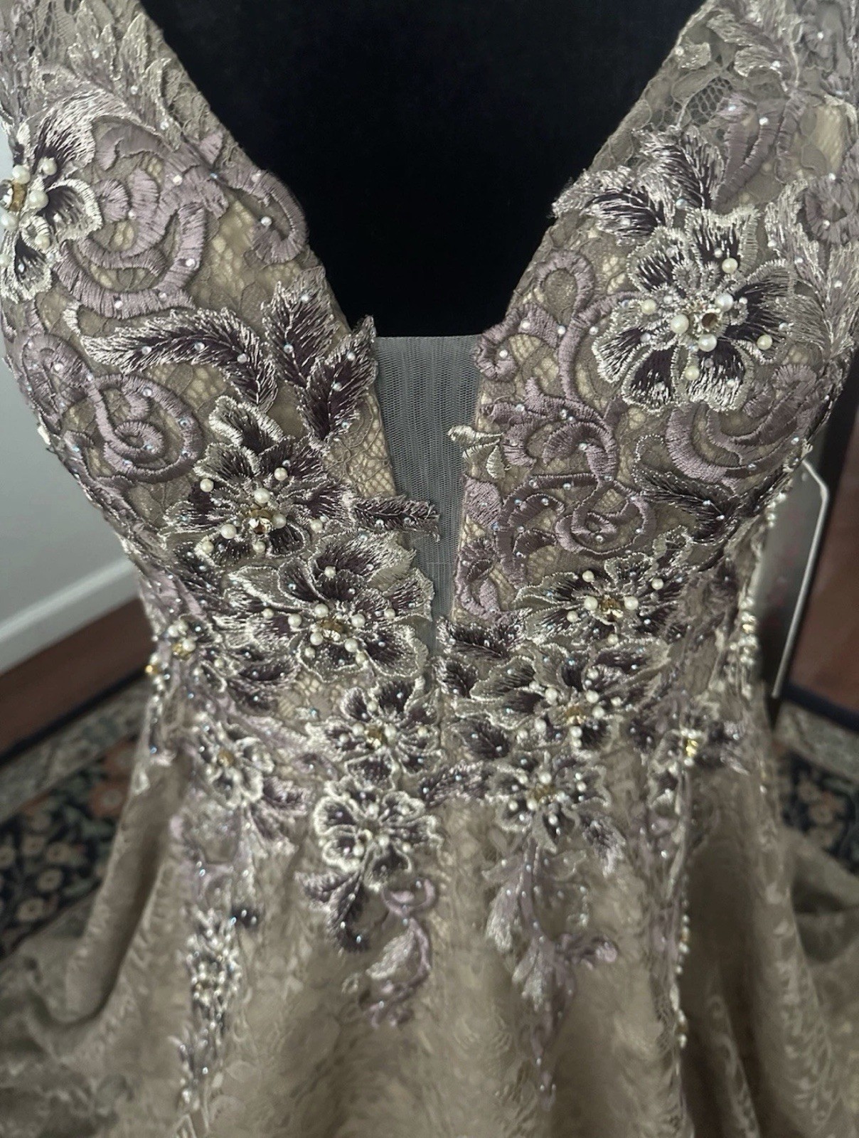 Jovani – Embellished Lace A – Line Evening Gown Taupe Size 14