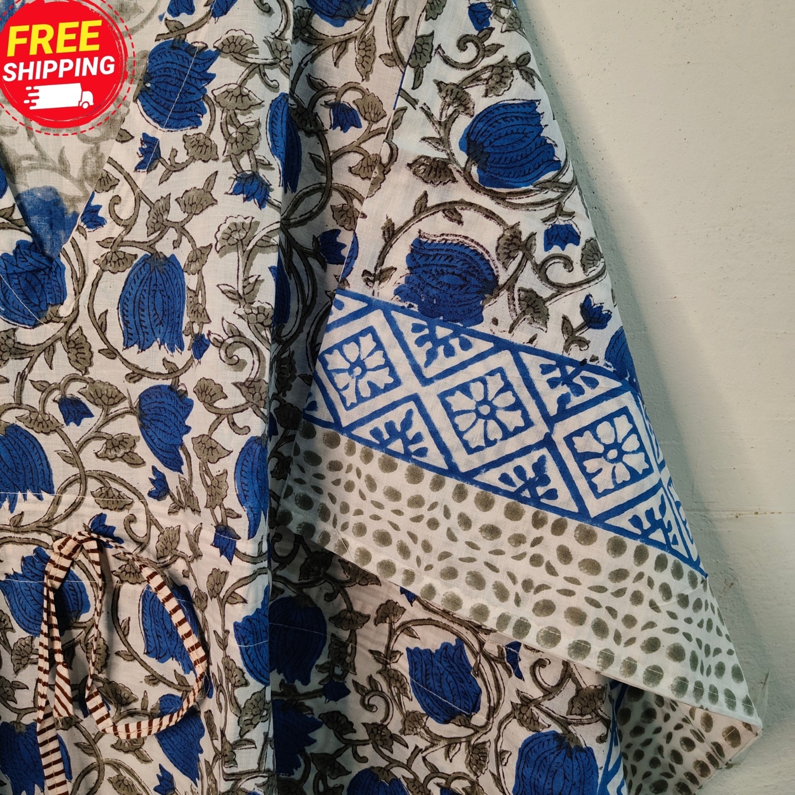 Women Blue Floral Hand Block Print Cotton Kaftan Boho Beach Cover Up Loose Maxi