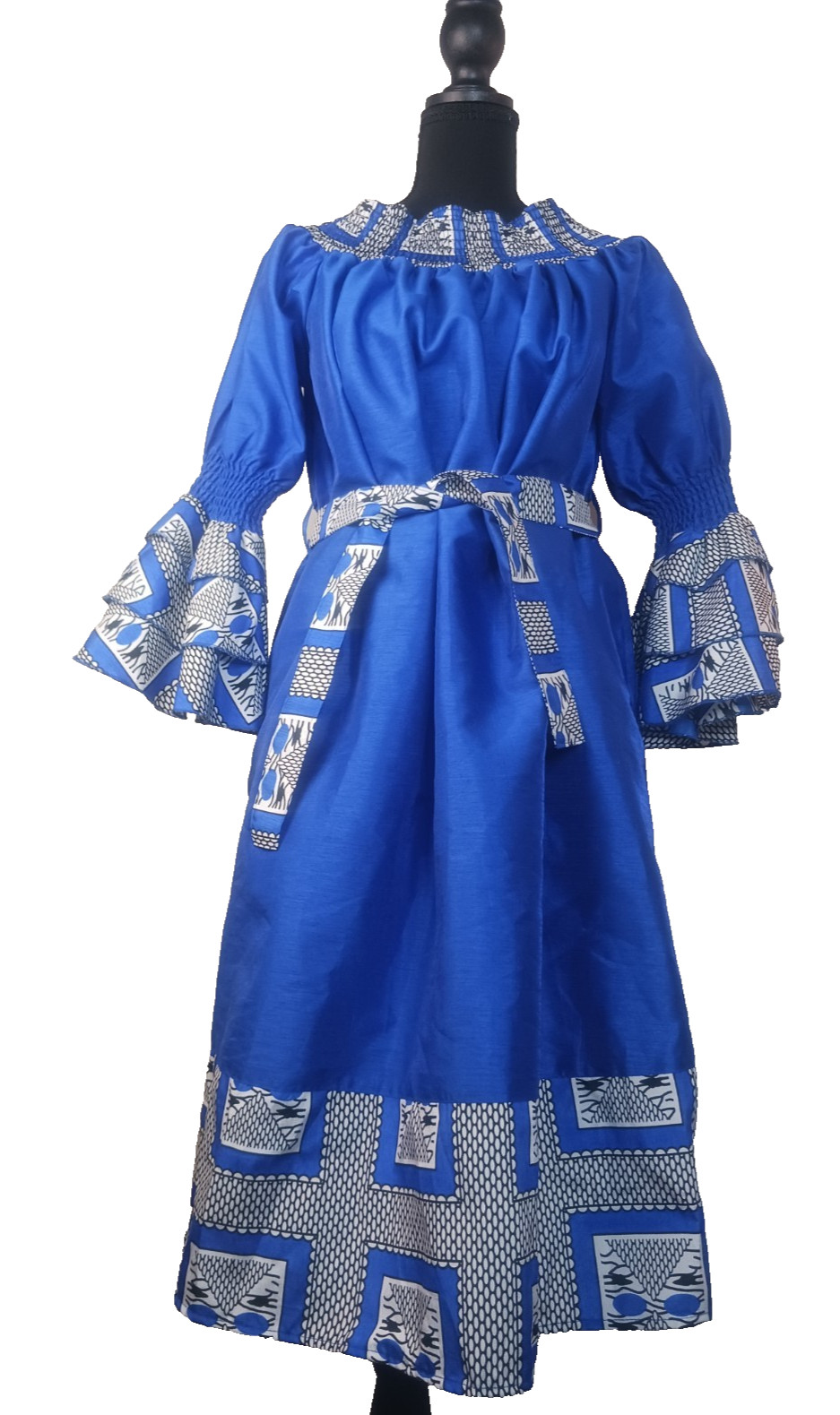 Women’s Blue African Style Midi Dress Puff Sleeve Tie Waist Small to Medium NWT
