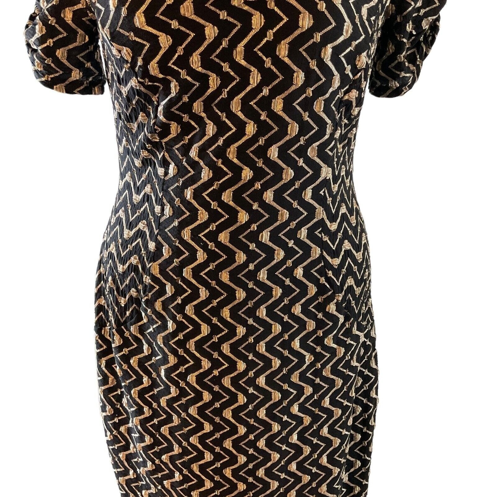 Evan-Picone Women Black Gold Chevron Sheath Dress Cowl Neck Puff Sleeve Sz 12