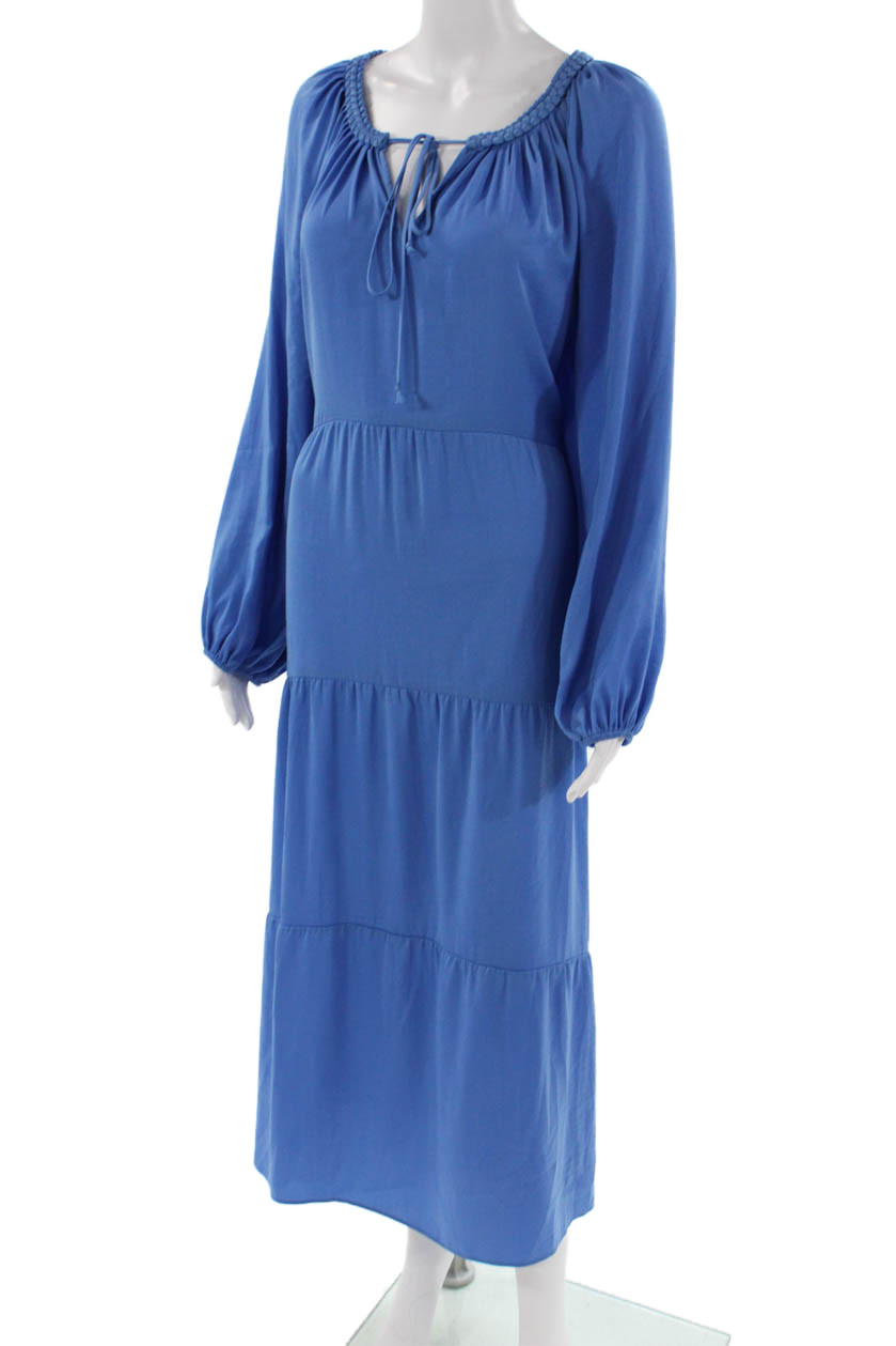 Kobi Halperin Women Blue Kaftan Maxi Dress Long Sleeve Drawstring Size 2XL