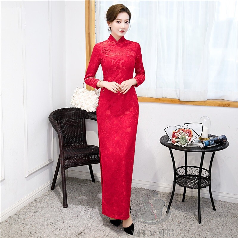 Autumn Winter Velour Qipao Dress Chinese 3/4 Sleeve Cheongsam Stage Show Gowns