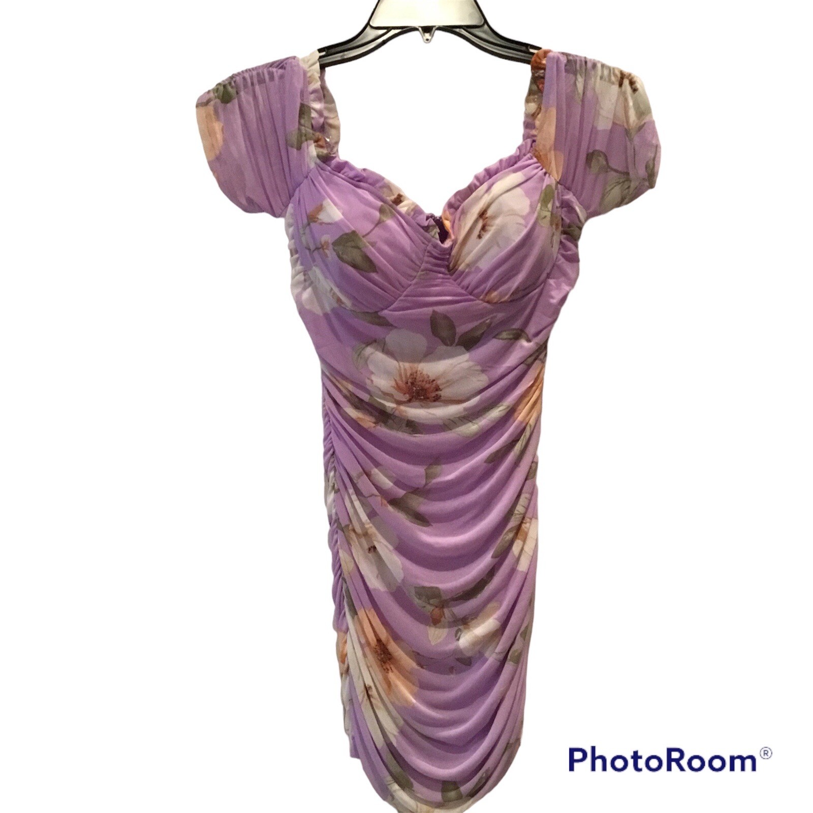 Privy Lavender Ruched Floral Mini Dress Women’s Medium NWT